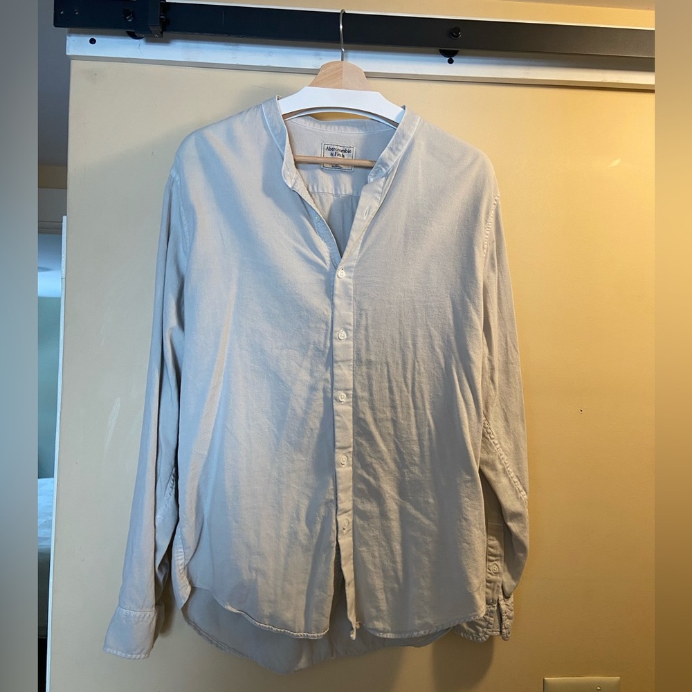 Abercrombie & Fitch Collarless Button-Down Shirt: Light Gray/Cream